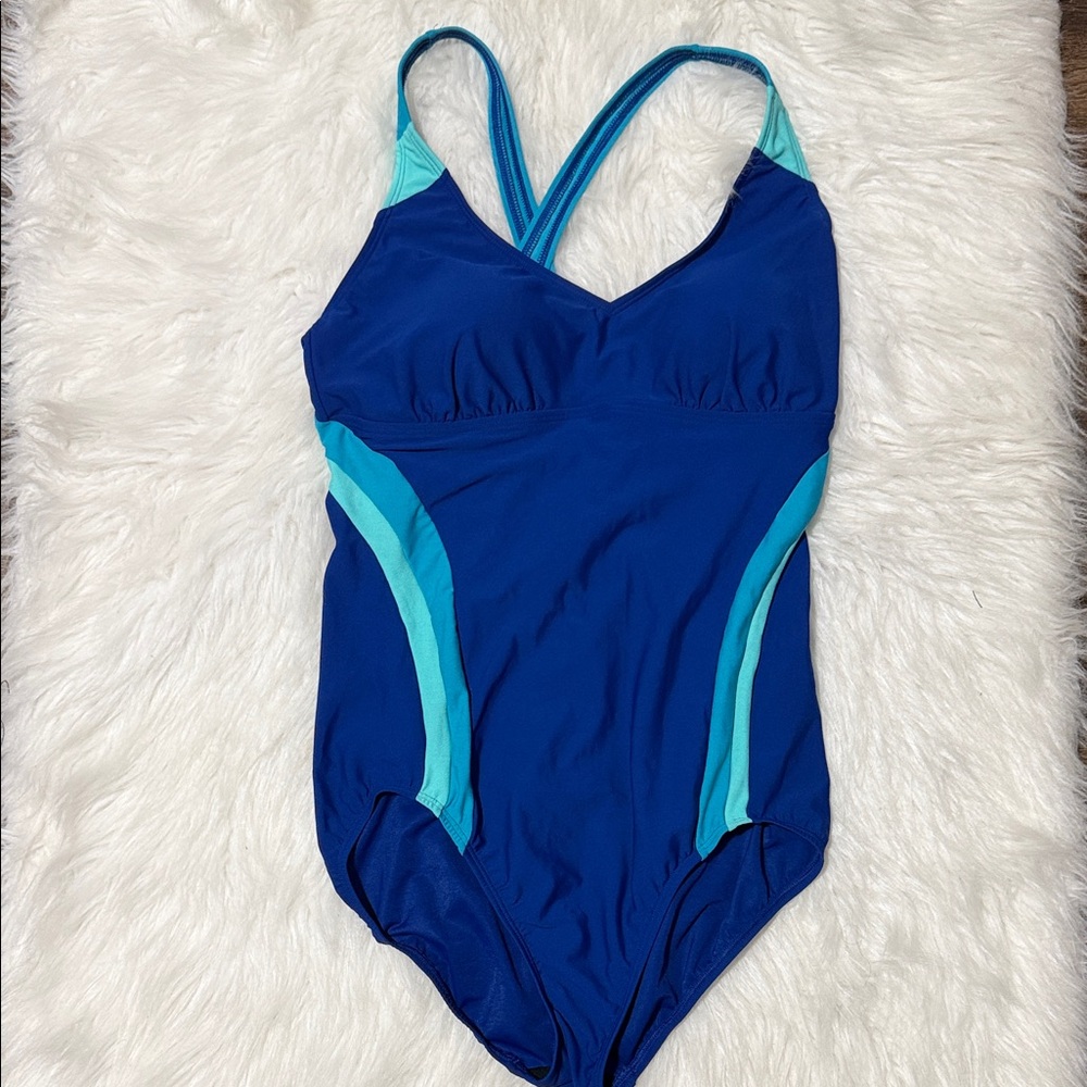 Lands' End Blue One-Piece Swimsuit with Aqua Panels